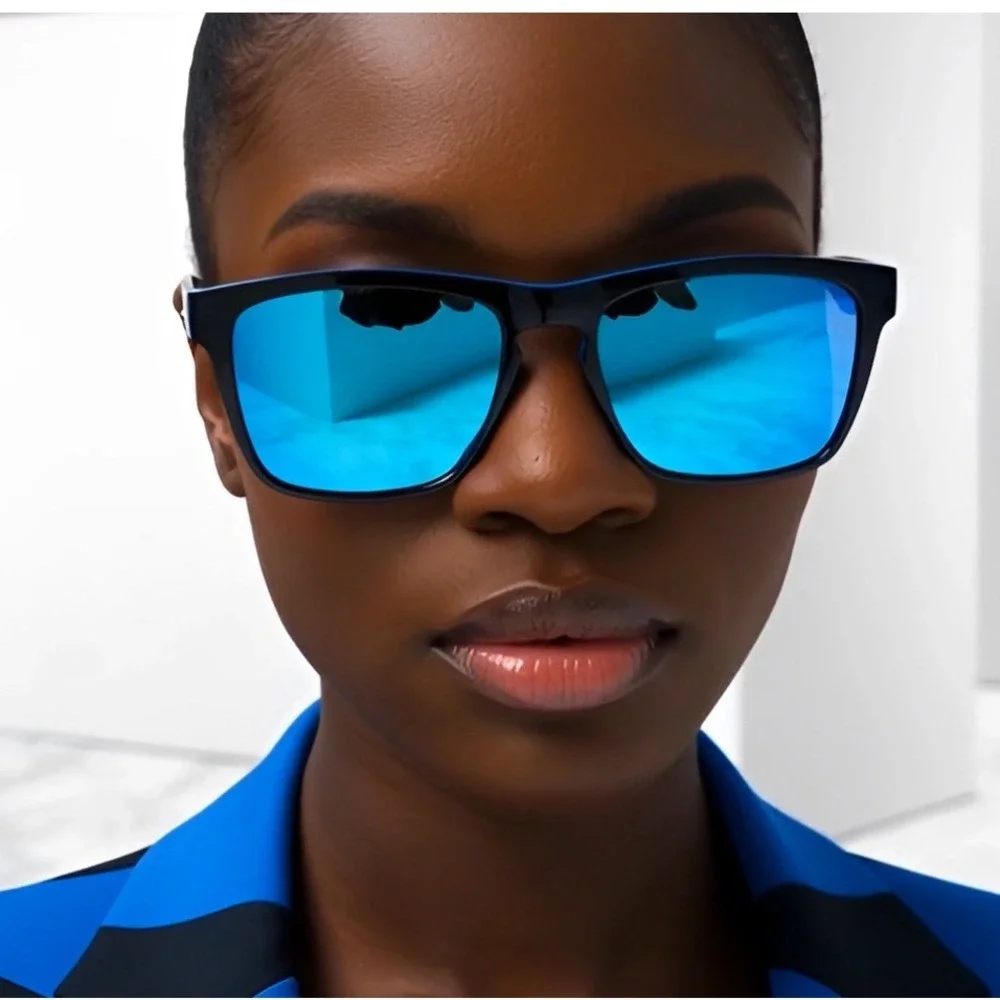 Polarized Sunglasses Women Black Blue Mirrored Lenses Square Frame UV Protection